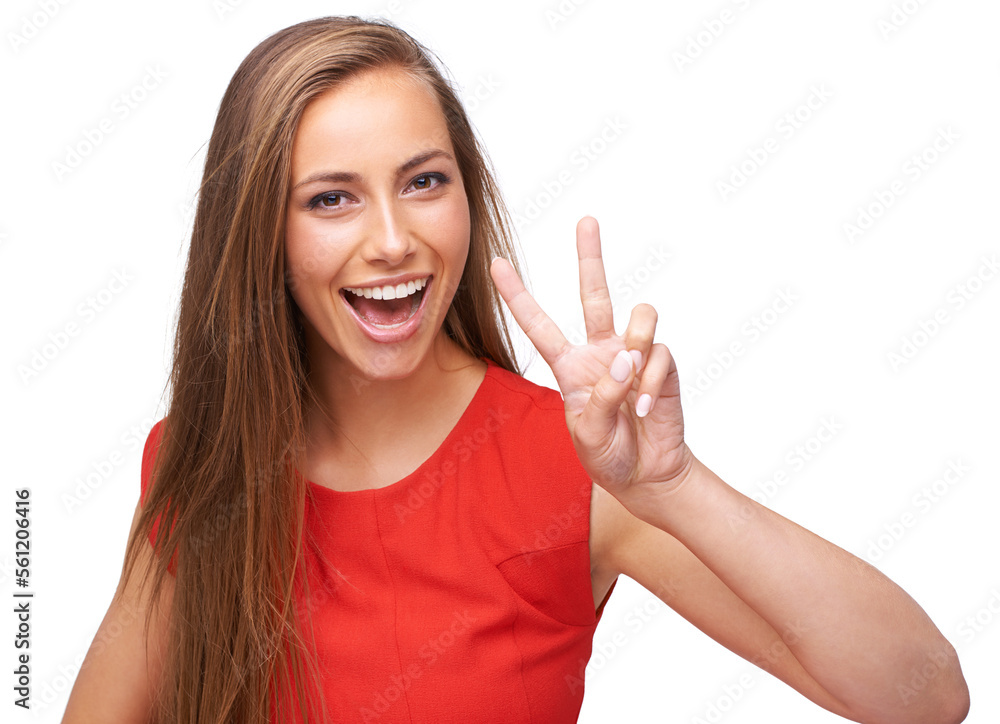 Woman, studio portrait and hand for peace sign emoji for support, motivation and a positive mindset. Face of a female model happy and excited about finger icon isolated on a white background Woman, studio portrait and hand for peace sign emoji for support, motivation and a positive mindset. Face of a female model happy and excited about finger icon isolated on a white background