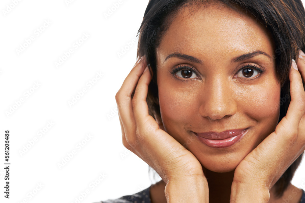 Face, hands and portrait with woman and beauty, healthy skin with skincare against white background. Makeup, smile and facial care mockup with wellness, dermatology and natural cosmetics glow Face, hands and portrait with woman and beauty, healthy skin with skincare against white background. Makeup, smile and facial care mockup with wellness, dermatology and natural cosmetics glow