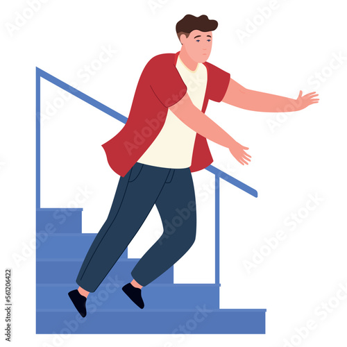 Man falls down stairs dangerous risk hazard caution accident vector flat illustration