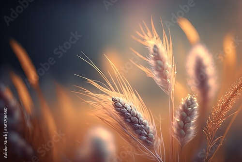 beautiful close up wheat ear against sunlight at evening or morning with yellow field as background