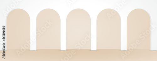 arches backdrop display with beige color wall and floor 3d illustration vector scene for putting object or product