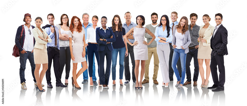 People, diversity and standing with smile together for profile, team or unity against a white studio background. Portrait of a happy isolated group of diverse crowd smiling on white background