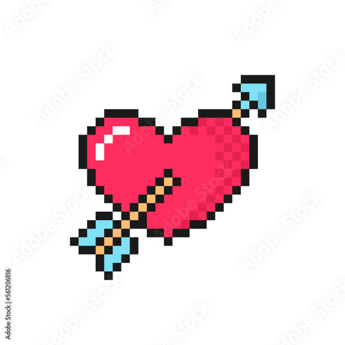 Red heart with arrow pixel icon. Love symbol for Valentine's Day. Isolated on white background vector sign