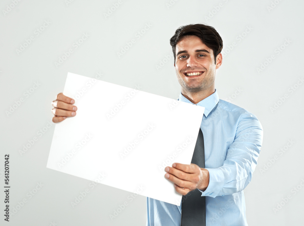 Poster mockup, presentation and portrait businessman with marketing placard, advertising banner or product placement. Studio mock up, billboard sign and happy sales model isolated on white background Poster mockup, presentation and portrait businessman with marketing placard, advertising banner or product placement. Studio mock up, billboard sign and happy sales model isolated on white background