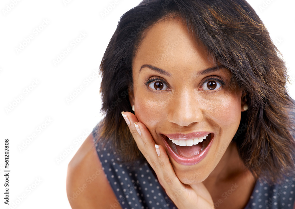 Fototapeta premium Wow, surprise and portrait of black woman on a white background for wellness, cosmetics and makeup. Skincare, beauty and face headshot of girl with big smile, confident and omg expression in studio