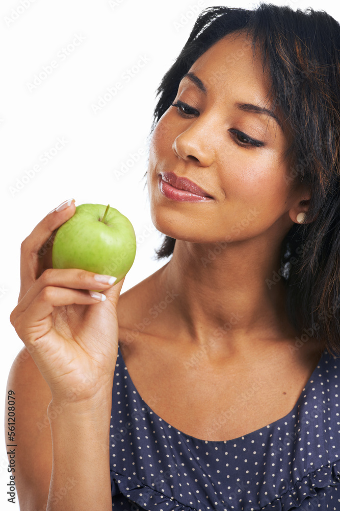 Health, apple and smile with black woman thinking for diet, nutrition or organic choice. Food, vitamins and fiber snack with isolated Brazil girl and fruit for natural, weight loss or clean eating Health, apple and smile with black woman thinking for diet, nutrition or organic choice. Food, vitamins and fiber snack with isolated Brazil girl and fruit for natural, weight loss or clean eating