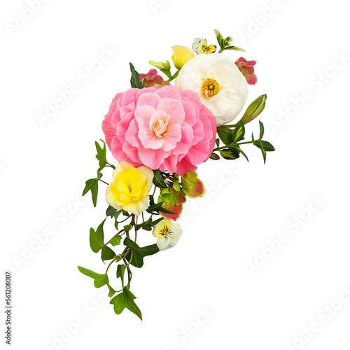 Flower spring arrangement on transparent background. Bouquet of roses, ranunculus, violets and hydrangea. © Svetlana Kolpakova