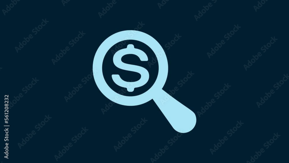 White Magnifying glass and dollar icon isolated on blue background. Find money. Looking for money. 4K Video motion graphic animation White Magnifying glass and dollar icon isolated on blue background. Find money. Looking for money. 4K Video motion graphic animation