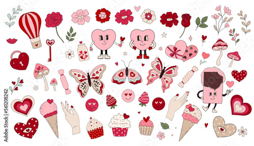 Retro Groovy Hippie valentines day clipart and vector illustration set of graphic elements. Valentines' day clipart, hearts, sweets, characters, ice cream, candy