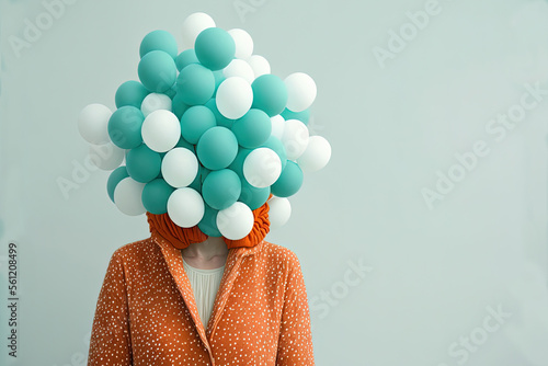 Generative AI minimalist illustration of a woman on a teal background with her head covered in balloons. Artwork conceptual 
 photo