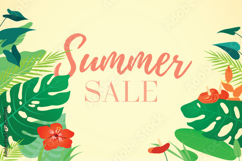 Summer sale  summertime or summer holiday vector template background for banner or poster with tropical plants and flowers  palm leaves  monstera leaves and hibiscus. Background with copy space.