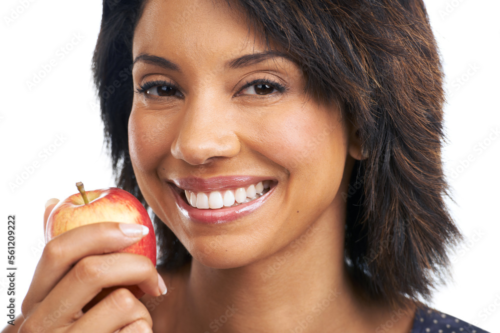 Portrait, health or black woman eating an apple in studio on white background with marketing mockup space. Happy, face or African girl advertising a healthy diet of fruit or nutrition for wellness Portrait, health or black woman eating an apple in studio on white background with marketing mockup space. Happy, face or African girl advertising a healthy diet of fruit or nutrition for wellness