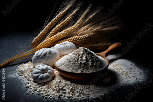 Spikelets of wheat and flour on a dark table. Agricultural product. Harvest and harvest concept. Generative AI