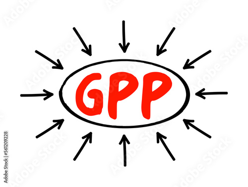 GPP - Good Pharmacy Practices is the practice of pharmacy that responds to the needs of the people who use the pharmacists services to provide optimal care, acronym text with arrows