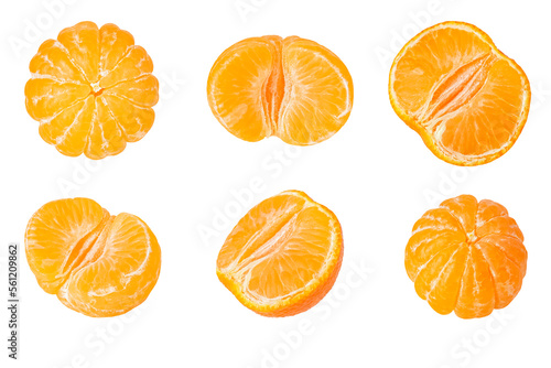 Set of six peeled ripe tangerine fruits isolated on white
