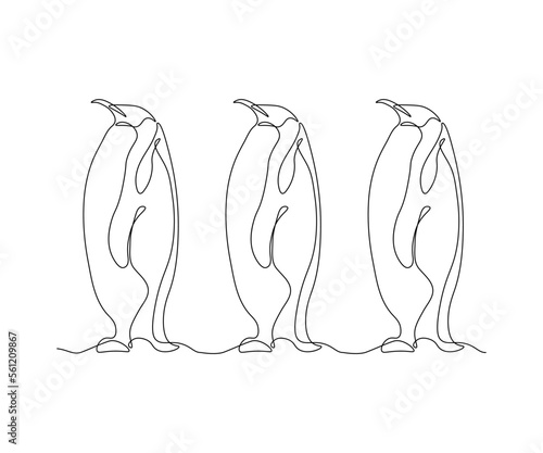 three abstract penguins stand in a row,hand drawn, continuous mono line, one line art