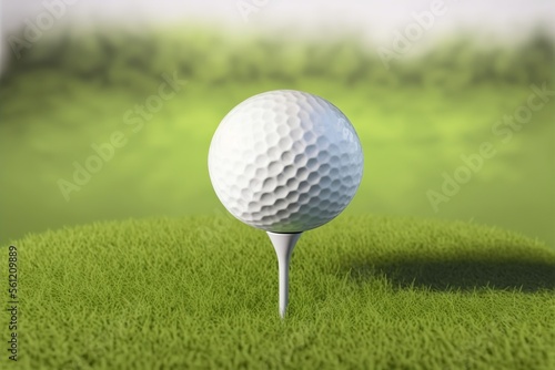 Close up of a golf ball on tee with a green grass background. Generative AI illustration.