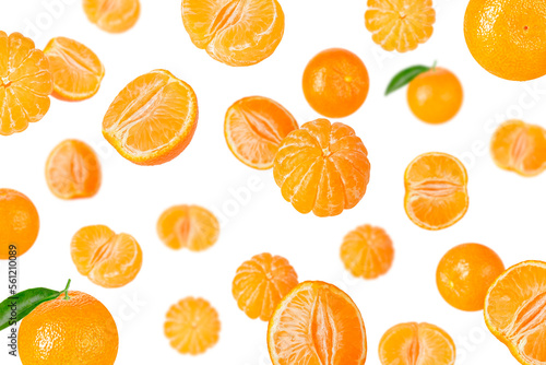 Falling mandarin on white surface for advertisement