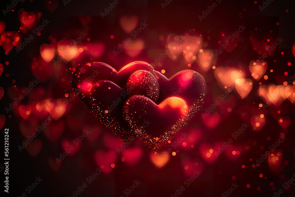 Many red hearts on the dark background with bokeh and particles created with Generative AI technology