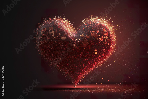 Big red heart made of particles on dark background created with Generative AI technology
