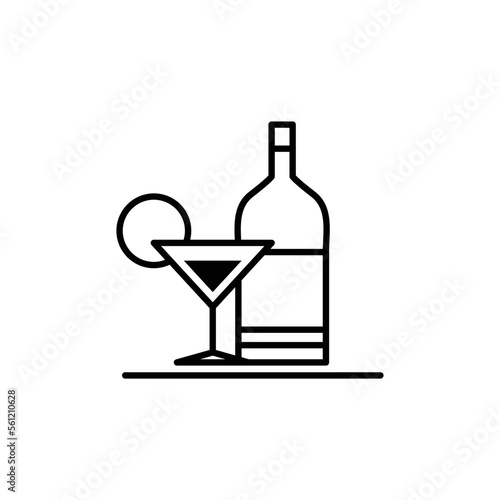 Cocktail glass and bottle on tray icon vector. Waiter job pictogram symbol. Bar or nightclub logo vector.