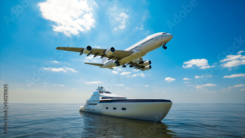 airplane flying over speedboat sea 3d
