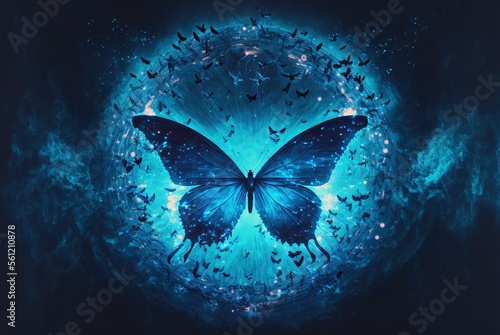 Divine azure blue butterfly, enchanting magical fire surrounds its flamboyant wings as it takes flight into the midnight sky - Generative AI illustration.