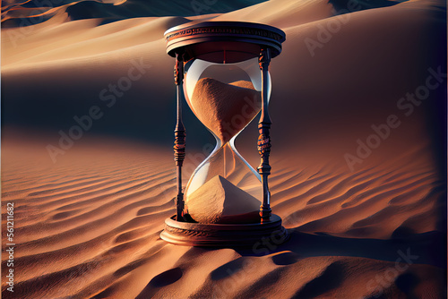 The Sands of Time - sand-filled hourglass in a sandy desert created by Generative AI