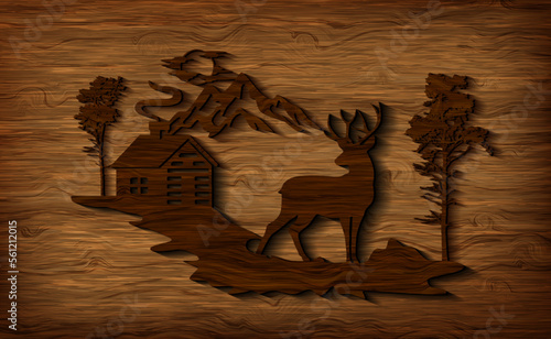 Artistic woodworking. Vector illustration of a landscape made of precious wood. Sketch for creativity.