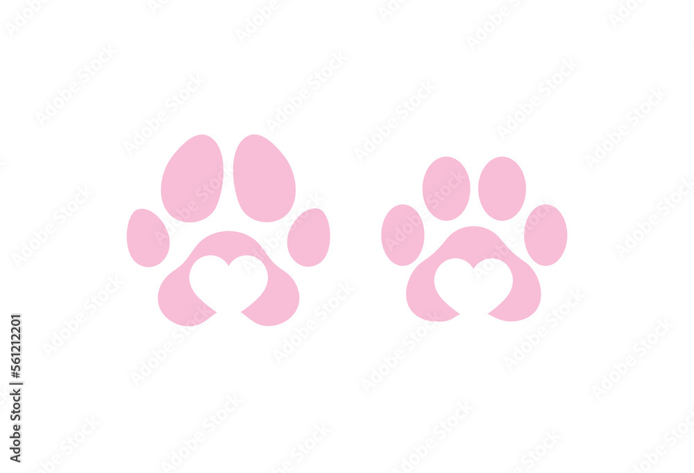 Dog cat love paw print with heart shape vector illustration icon set. Pet shop or veterinary logo design. Dog cat paw prints stickers.