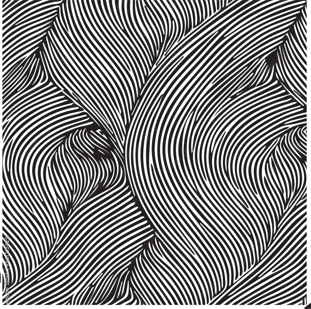 This is a detailed description of a black and white vector illustration, featuring a striking pattern of tightly-woven, undulating lines. The design is rendered in a monochromatic palette