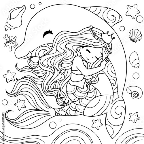 Mermaid and dolphin cartoon coloring book page .black and white out line.