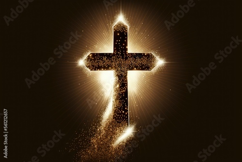 Religious cross in abstract wallpaper with shining gold sparkles, ai generated