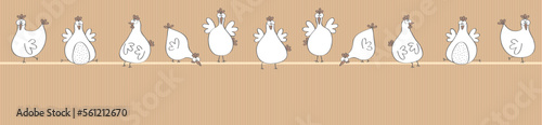 Easter horizontal vector illustration with funny chickens in a row on a chicken rod, hand-drawn in the style of a doodle and cartoon. Background banner for web, shops, sale, marketing, advertising