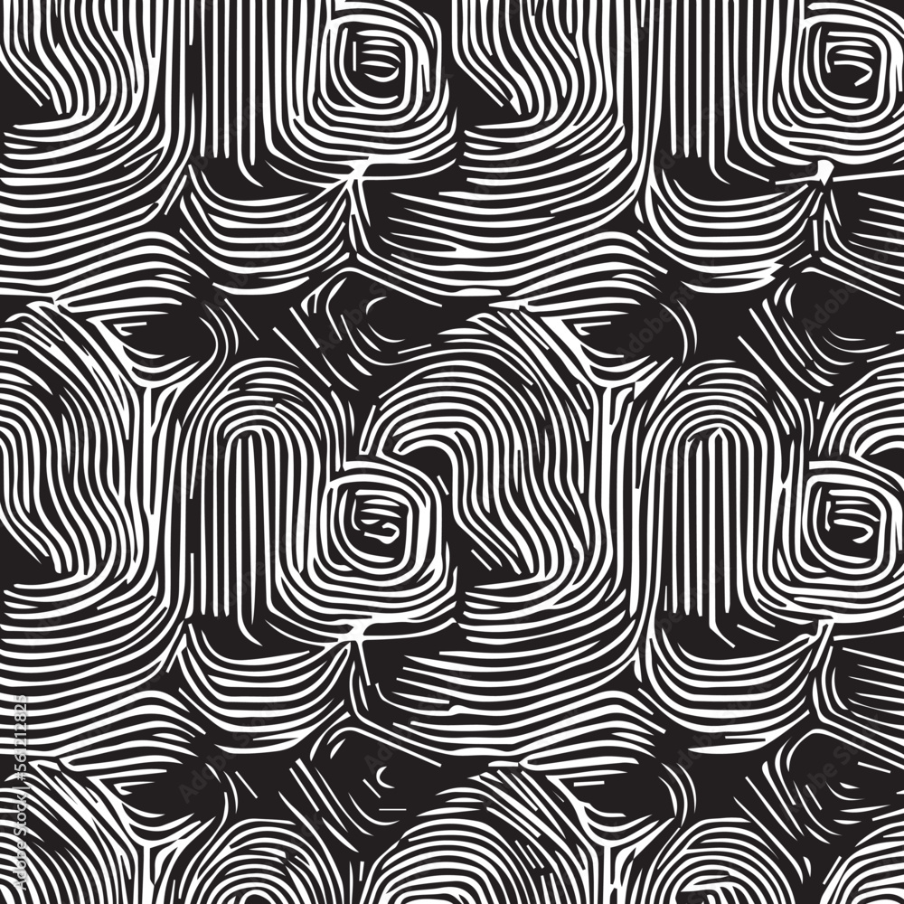 This is a beautiful black and white vector illustration of an organic and intricate pattern. The design features a repeating motif of swirling, interconnected shapes that resemble leaves or branches
