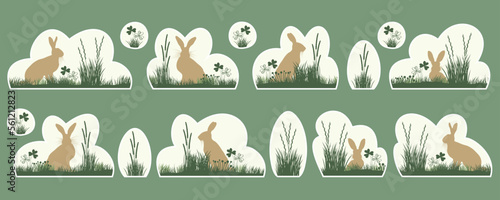 stickers brown easter bunny in grass and meadow, collection of green rabbit silhouettes, cloud and egg shapes for business letters and cards