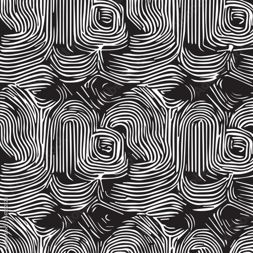 This is a beautiful black and white vector illustration of an organic and intricate pattern. The design features a repeating motif of swirling  interconnected shapes that resemble leaves or branches