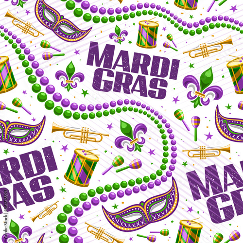 Vector Mardi Gras seamless pattern, repeat background with illustrations of fleur de lis symbol, venice mask, colorful beads, music instruments, text mardi gras on white background for wrapping paper