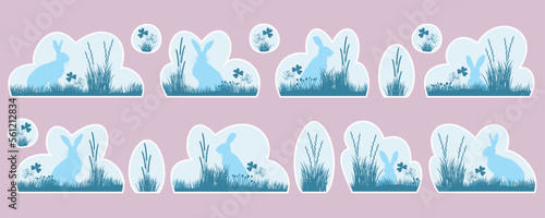 easter bunny stickers in grass and meadow, collection of blue rabbit silhouettes, cloud and egg shapes for business letters and commercial use