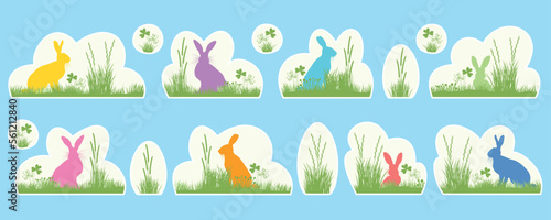 easter bunny stickers in grass and meadow, collection of colourful rabbit silhouettes, cloud and egg shapes for business letters and commercial