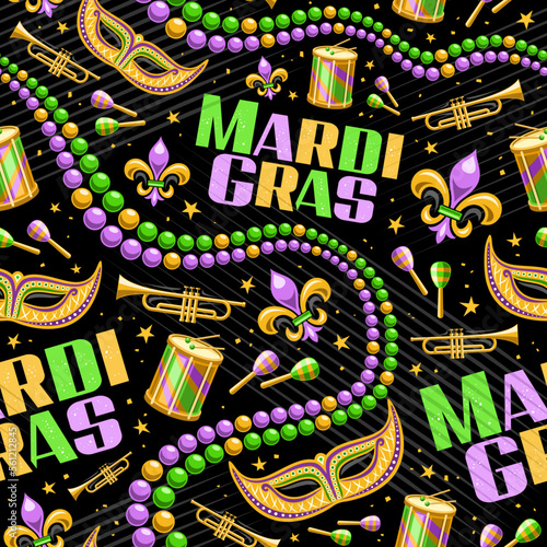 Vector Mardi Gras seamless pattern, repeat background with illustrations of fleur de lys symbol, venice mask, colorful beads, music instruments, text mardi gras on black background for wrapping paper
