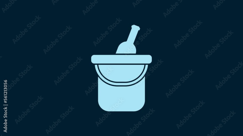 White Bottle of wine in an ice bucket icon isolated on blue background. 4K Video motion graphic animation