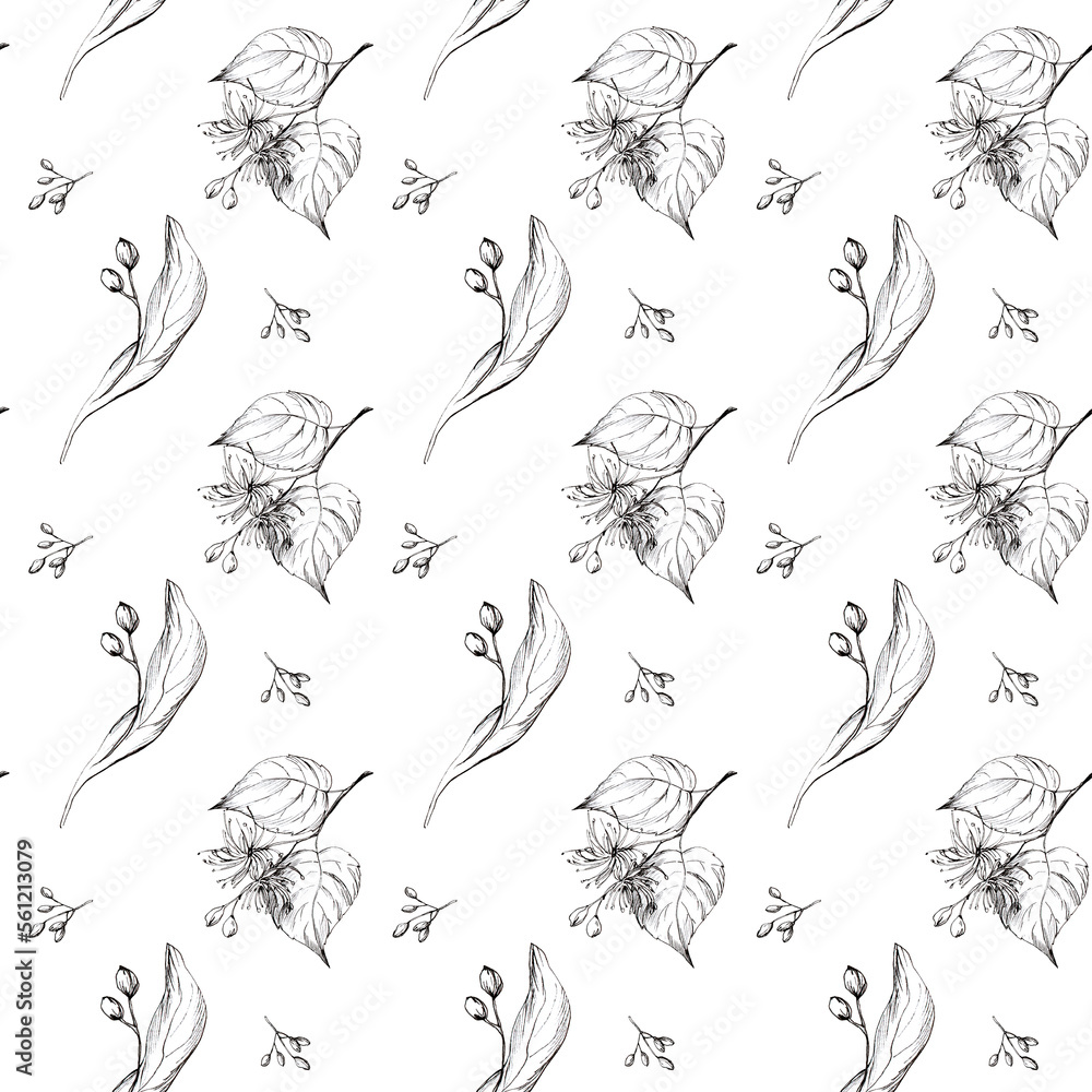 Linden branch with flowers. Seamless pattern in hand engraving style.