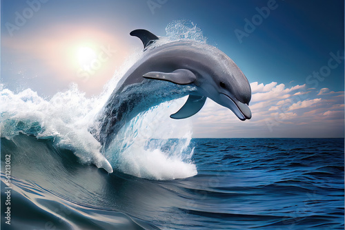 Print op canvas Dolphin jumping out of the ocean waves - generative AI image of a gorgeous and sleek dolphin flipping out of the ocean water to grab some air