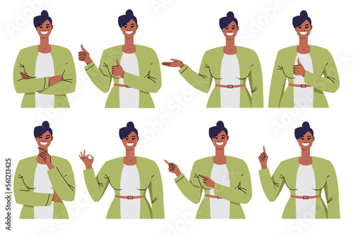 Black woman in different poses and gestures. Business woman teaching, showing Ok, pointing, crossed arms, presenting, thinking, thumbs up. Woman leader isolated on white background. Flat vector.