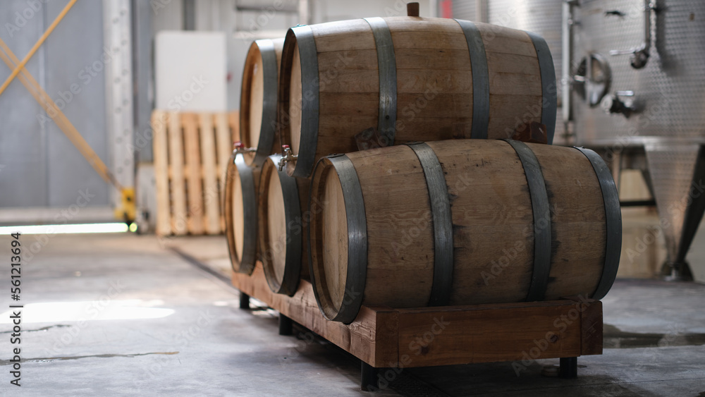 Winery and cognac factory with steel fermentation tanks and wooden barrels for aging process
