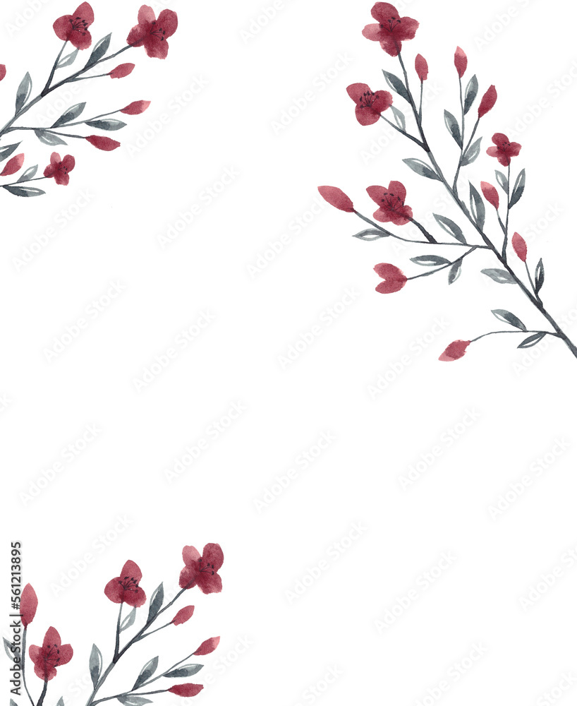 Naklejka premium Watercolor cherry blossom, branch and leaves spring hand painting