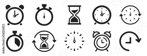 Clocks icons set. Set of timer clock and hourglass icon. Vector isolated illustration. Timer Clock Alarm Sandglass watch collection.