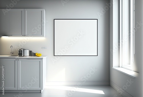 illustration of mock-up wall decor frame is hanging in minimal style , modern contemporary kitchen