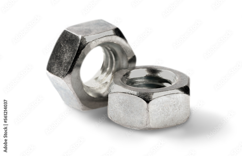 Two large steel nuts for bolts and threads Two large steel nuts for bolts and threads